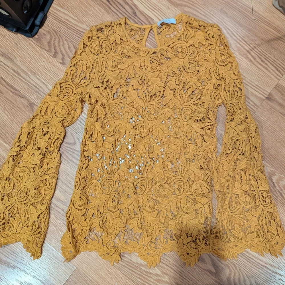 Anthropologie Mustard Yellow Lace Long-Sleeve Top